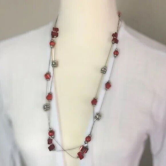 Silver Tone Beaded Rope Necklace 61” Long Chain Rhinestones Shell Beads Plastic - Picture 1 of 9